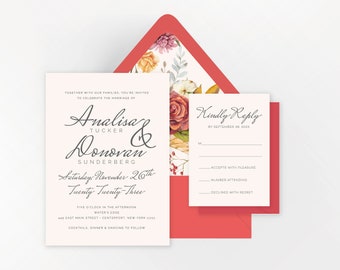 Custom Wedding Invitations, Autumn Floral Simple Elegant Design, Orange Red Tan Leaves Professionally Printed or Print Yourself