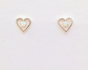 Opal earrings, opal suds, heart earrings, heart studs, October birthstone earrings, October studs, white stone earrings, white stone studs