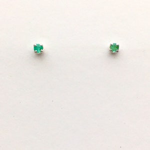 Genuine tiny emerald solitaire stud earrings, emerald sterling silver earrings, May birthstone stud earrings, green solitaire stud earrings