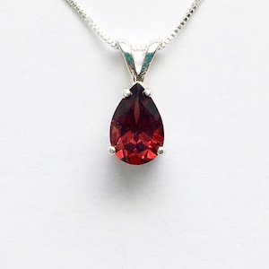 Genuine garnet necklace, pear shaped garnet necklace, garnet solitaire necklace, garnet pendant, January birthstone necklace, dark red stone