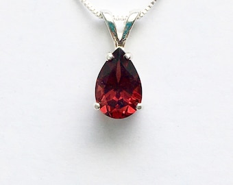 Genuine garnet necklace, pear shaped garnet necklace, garnet solitaire necklace, garnet pendant, January birthstone necklace, dark red stone