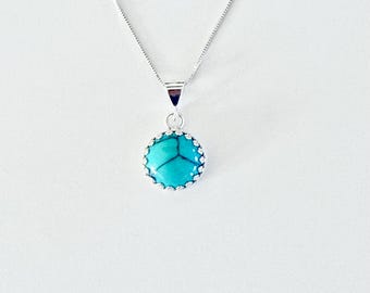 Turquoise necklace, turquoise pendant, turquoise silver necklace, turquoise jewelry, ladies turquoise, blue solitaire, single turquoise