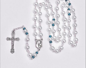 Pearl rosary, white rosary, blue rosary, ladies rosary, womens rosary, girls rosary, childs rosary, kids rosary, pearl prayer beads