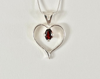 Garnet necklace, garnet pendant, garnet jewelry, January birthstone necklace, red stone necklace, red heart necklace, heart pendant, garnet