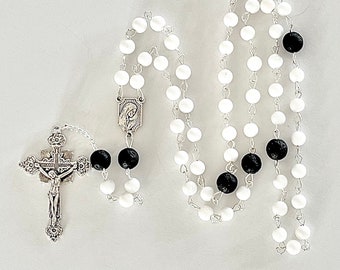 White rosary, white black rosary, metal rosary, mens rosary, boys rosary, silver rosary, prayer beads, protection beads, large rosary beads