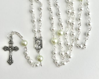 Childs rosary, kids rosary, small rosary, boys rosary, girls rosary, pearl rosary, metal rosary, white rosary, pearl prayer beads