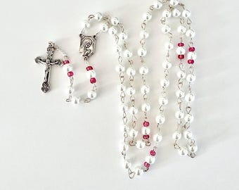Pearl rosary, white rosary, red rosary, ladies rosary, womens rosary, silver metal rosary, pearl prayer beads, girls rosary, medium rosary