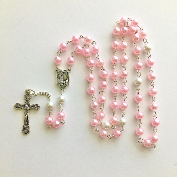 Pink pearl rosary, pink rosary, womens rosary, ladies rosary, pink prayer beads, silver metal rosary, girls rosary, handmade rosary, pearl