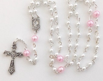 Baby rosary, childs metal rosary, kids rosary, small pink rosary, pearl rosary, pink metal rosary, Catholic pink prayer beads, little rosary