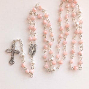 Pink rosary, baby rosary, childs rosary, small rosary, pink prayer beads, silver metal rosary, pearl rosary, protection beads, girls rosary