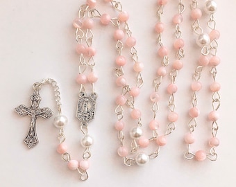 Pink rosary, baby rosary, childs rosary, small rosary, pink prayer beads, silver metal rosary, pearl rosary, protection beads, girls rosary