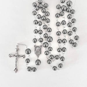 Hematite rosary, black rosary beads, men’s rosary, boys rosary, silver metal rosary, handmade rosary, black prayer beads, medium rosary