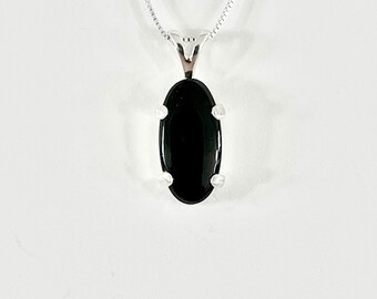 Genuine black onyx necklace, black stone solitaire necklace, single black onyx pendant necklace,  black onyx sterling silver necklace