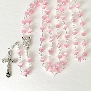 Pink rosary, silver metal rosary, pink prayer beads, ladies rosary, girls rosary, womens rosary, handmade rosary, pink cats eye, rosary