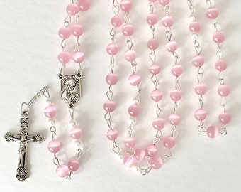 Pink rosary, silver metal rosary, pink prayer beads, ladies rosary, girls rosary, womens rosary, handmade rosary, pink cats eye, rosary