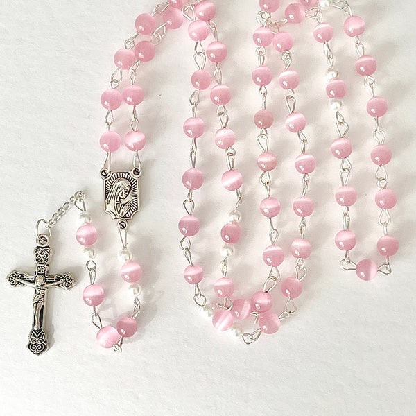 Pink rosary, silver metal rosary, pink prayer beads, ladies rosary, girls rosary, womens rosary, handmade rosary, pink cats eye, rosary