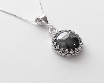 Hematite necklace, hematite sterling silver necklace, hematite pendant, hematite jewelry, single hematite solitaire necklace, black stone