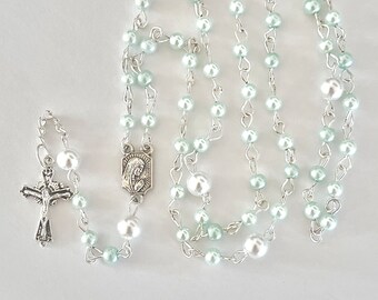 Light blue baby rosary, pearl rosary, boys rosary, childs rosary, small rosary, pearl prayer beads, blue prayer beads, handmade rosary