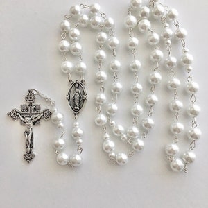 Large pearl rosary, ladies pearl rosary, womens pearl rosary, handmade rosary, silver metal rosary, white pearl prayer beads, white rosary