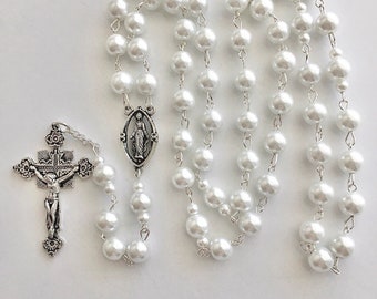 Large pearl rosary, ladies pearl rosary, womens pearl rosary, handmade rosary, silver metal rosary, white pearl prayer beads, white rosary