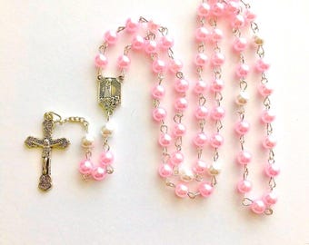 Pink pearl rosary, pink rosary, womens rosary, ladies rosary, pink prayer beads, silver metal rosary, girls rosary, handmade rosary, pearl