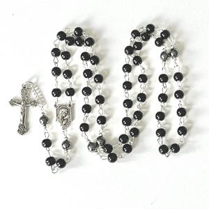 Boys rosary, mens rosary, black prayer beads, black rosary, handmade rosary, black silver metal rosary, Catholic prayer beads, medium rosary