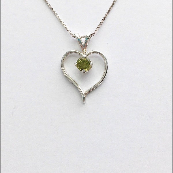 Peridot necklace, peridot pendant, peridot jewelry, August birthstone necklace, August gemstone pendant, green stone necklace, heart