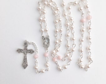 Baby rosary, pink rosary, childs rosary, pearl rosary, silver metal rosary, small rosary, handmade rosary, kids rosary, prayer beads
