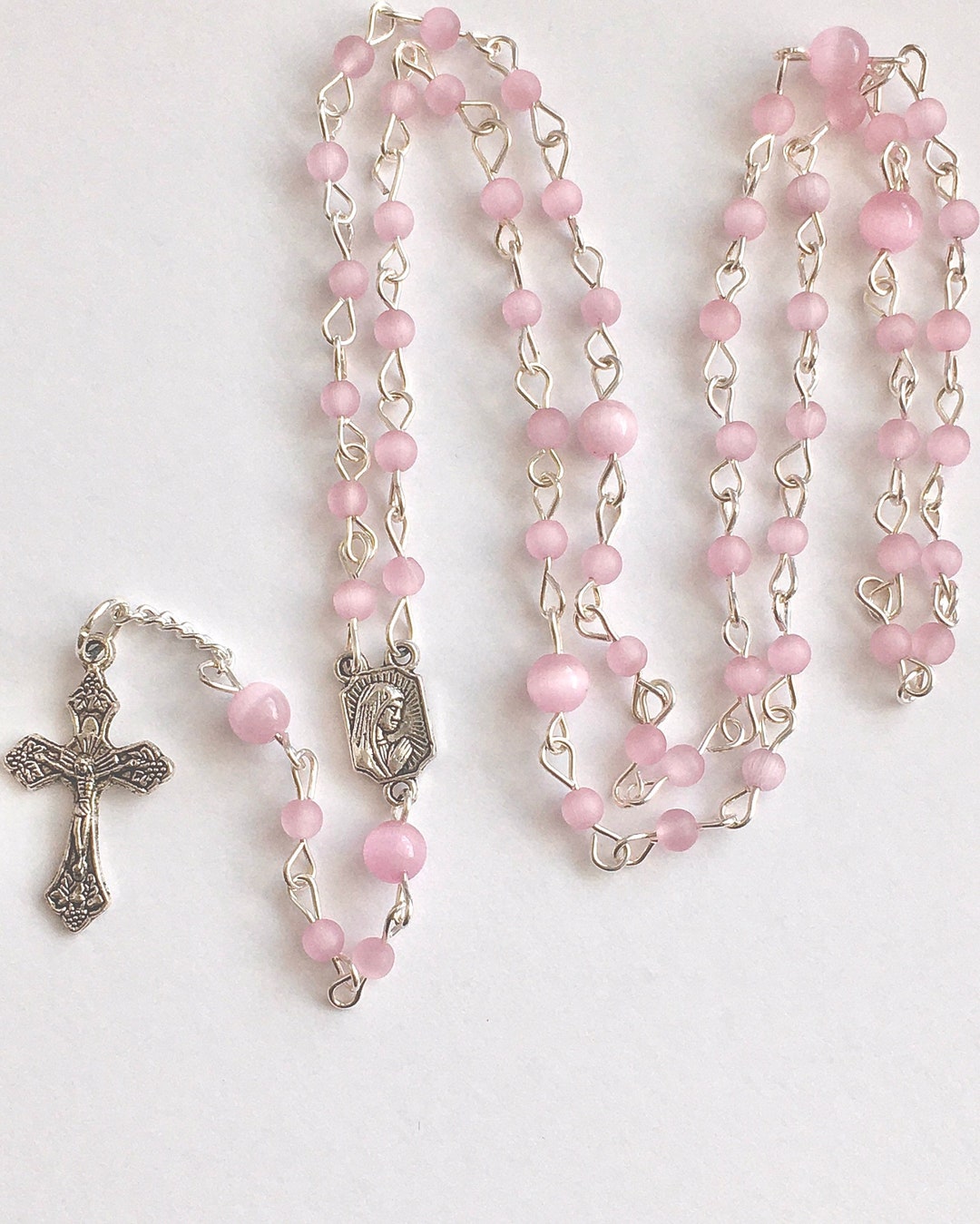 Pink Rosary, Baby Rosary, Silver Metal Rosary, Pink Prayer Beads, Ladies Rosary, Girls Rosary ...