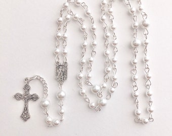 Baby rosary, childs rosary, kids rosary, boys rosary, girls rosary, pearl rosary, silver metal rosary, pearl silver prayer beads, baptism