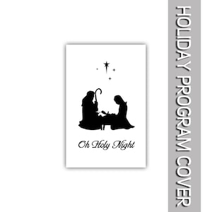 Könnte beinhalten: Schwarz-weiße Silhouette einer Weihnachtskrippe mit einem Stern über den Figuren. Der Text "Oh Holy Night" befindet sich unter den Figuren.