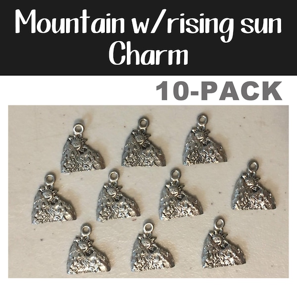 Mountain w/rising sun 10-pack (10) antique pewter CHARM mountains sun river camping summer bracelet necklace charm hiking jewelry