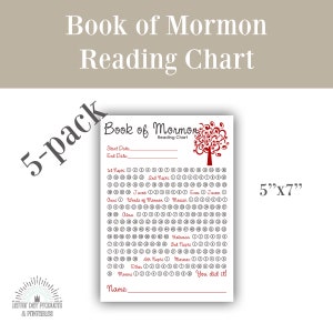 May include: A printable 5-pack of Book of Mormon reading charts. Each chart features a red tree with a gray background and a list of the books of the Book of Mormon. The chart is 5 inches by 7 inches.