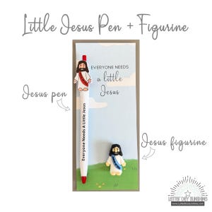 May include: A white pen with a red top and tip, featuring a Jesus character topper and the text "Everyone Needs A Little Jesus" on the barrel, alongside a small Jesus figurine, both displayed on a card with a sky and grass background.