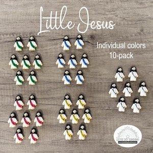 May include: A collection of small, molded figures of Jesus, each wearing a robe with a colored sash. The sashes appear in green, blue, yellow, red, and white. The text Little Jesus and Individual colors 10-pack is printed on the image.