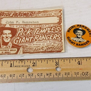Vintage 1950s Pick Temple Giant Rangers Membership Card and Pin Back Button Giant Food Supermarket