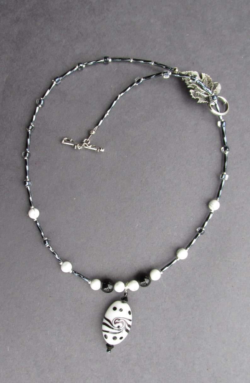 Black White Beaded Necklace Porcelain Pendant Bead Black Etsy