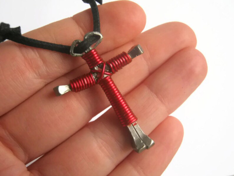 Red Nail Cross Handcrafted Horseshoe Nail Necklace Red Etsy