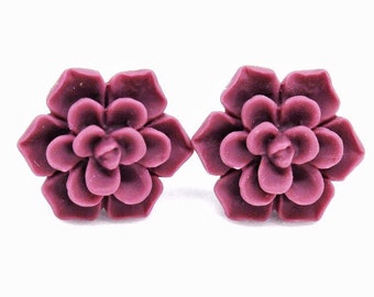 Maroon Succulent Earrings, Pink Succulent Studs, Maroon Flower Earrings, Maroon Floral Earrings, Burgundy Earrings, Maroon Stud Earrings