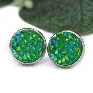 Green Druzy Studs, Green Stud Earrings, Green Earrings, Gift for Daughter, Green Necklace Set, Green Jewelry, Green Sparkly Earrings