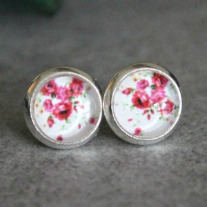 Pink Stud Earrings, Pink Floral Earrings, Pink Flower Earrings, Bright Pink Earrings, Pink Post Earrings, White Stud Earrings, 8MM Studs image 1