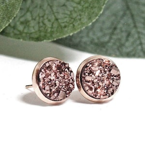 Rose Gold Stud Earrings, Rose Gold Earrings, Rose Gold Druzy Earrings, Rose Gold Bridesmaid Earrings, Rose Gold Posts, Rose Gold Jewelry