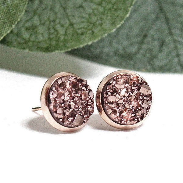 Rose Gold Stud Earrings, Rose Gold Earrings, Rose Gold Druzy Earrings, Rose Gold Bridesmaid Earrings, Rose Gold Posts, Rose Gold Jewelry