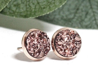 Rose Gold Stud Earrings, Rose Gold Earrings, Rose Gold Druzy Earrings, Rose Gold Bridesmaid Earrings, Rose Gold Posts, Rose Gold Jewelry