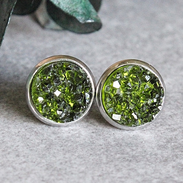 Olive Green Druzy Earrings, Olive Green Stud Earrings, Green Earring, Jewelry Gift for Friend Daughter, Dark Green Earring, Green Bridesmaid