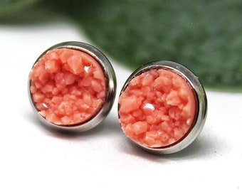 Coral Stud Earrings, Coral Earrings, Druzy Earrings, Peach Earrings, Salmon Earrings for Women, Hypoallergenic Earring, Small Gift for Women