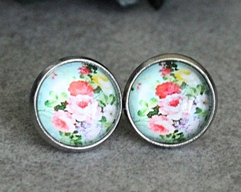 Mint Earrings, Mint Green Earrings, Mint Stud Earrings, Floral Earrings, Pink Flower Earrings, Floral Stud Earrings, Botanical Earrings,