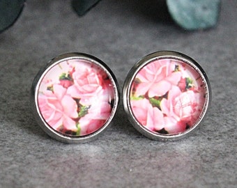 Pink Rose Earrings, Pink Flower Earrings, Pink Stud Earrings, Floral Earrings, Clip On Earring, Boho Earrings, Summer Earrings, Pink Earring