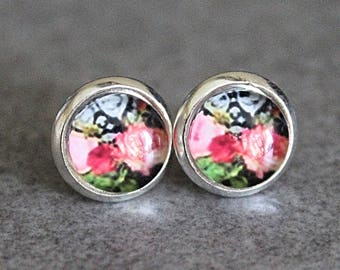 Flower Earrings, Floral Earrings, Pink Flower Earrings, Pink Stud Earrings, Pink Floral Earring, Pink and Black Earring, Black Stud Earrings