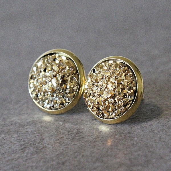 Gold Stud Earrings, Gold Druzy Earrings, Gold Earrings, Gold Bridesmaid Earrings, Gold Maid of Honor Gift, Gold Jewelry, Gold Wedding